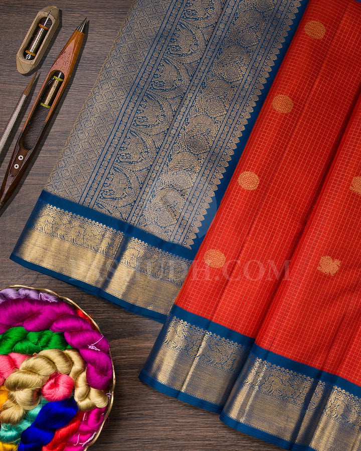 Rust And Cobalt Blue Pure Zari Kanjivaram Silk Saree-SP270