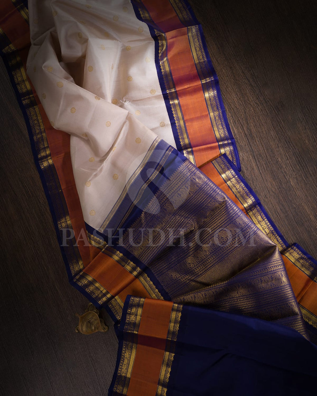 Creamy Greige And Navy Blue Pure Zari Kanjivaram Silk Saree-SP280