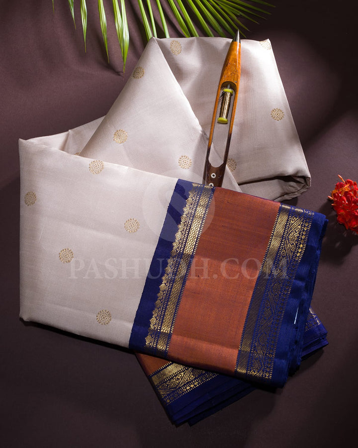 Creamy Greige And Navy Blue Pure Zari Kanjivaram Silk Saree-SP280