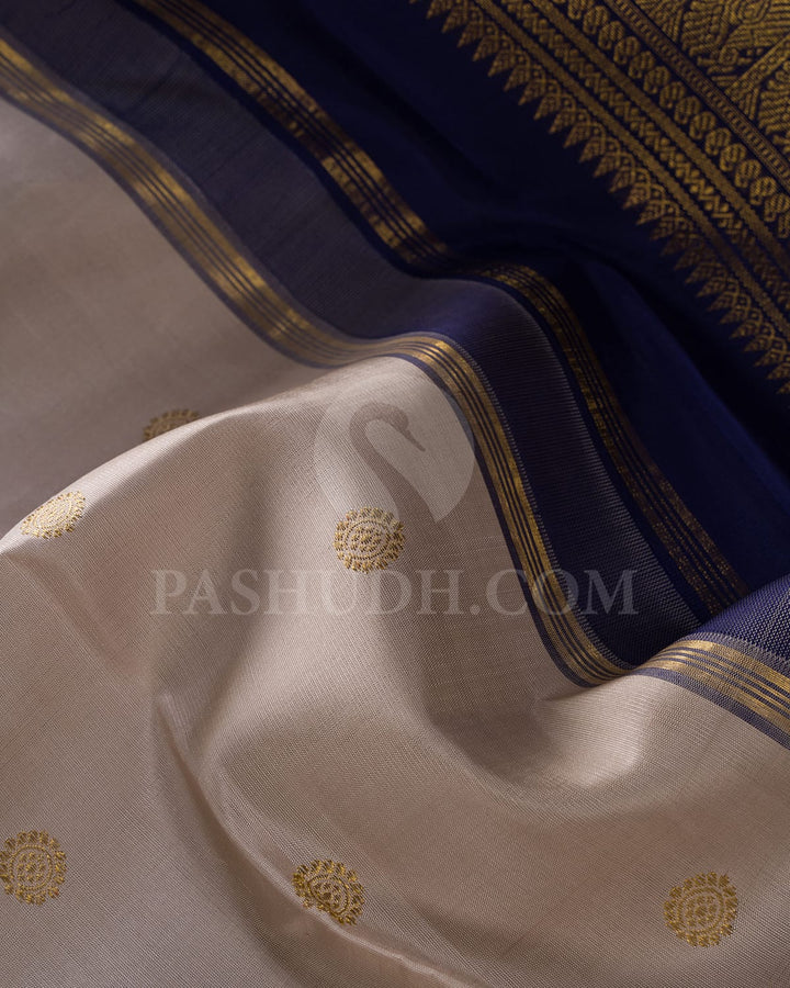 Creamy Greige And Navy Blue Pure Zari Kanjivaram Silk Saree-SP280