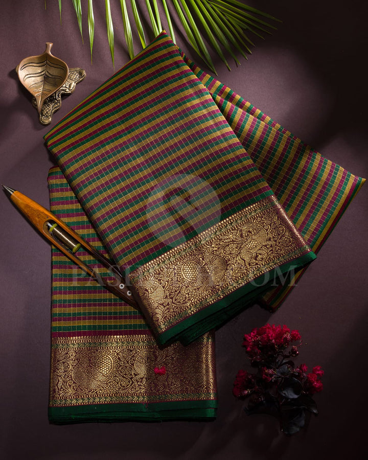 Bottle Green, Magenta,Mustard Pure Zari Vairaoosi Kanjivaram Silk Saree-SP243