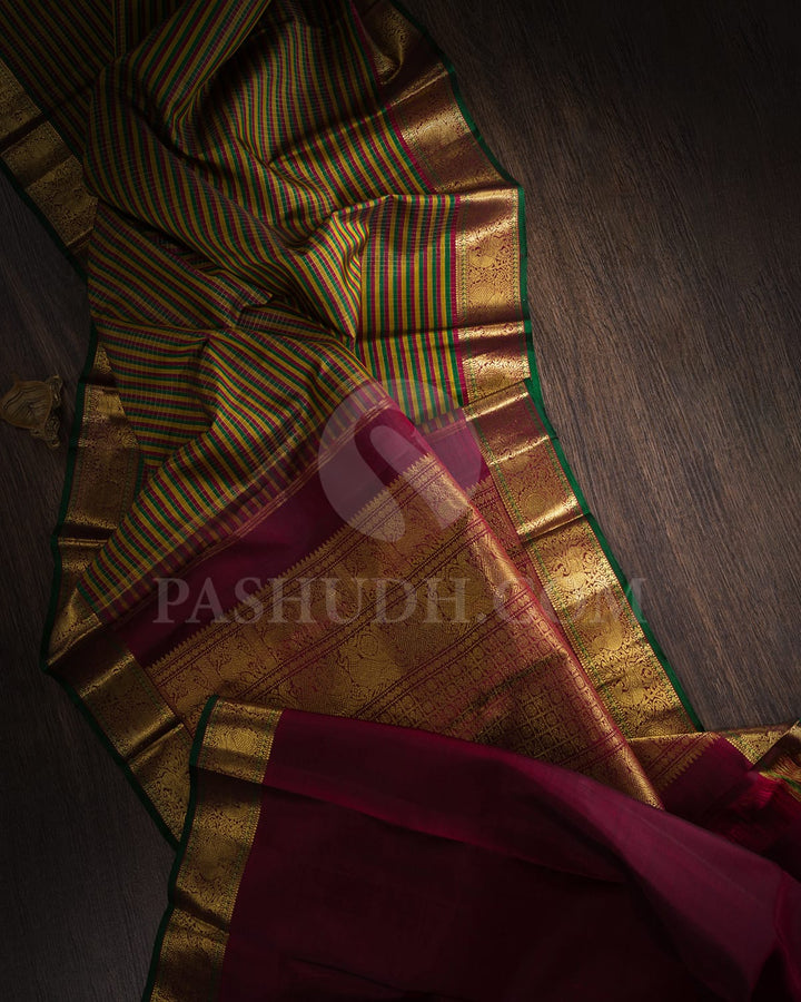 Bottle Green, Magenta,Mustard Pure Zari Vairaoosi Kanjivaram Silk Saree-SP243