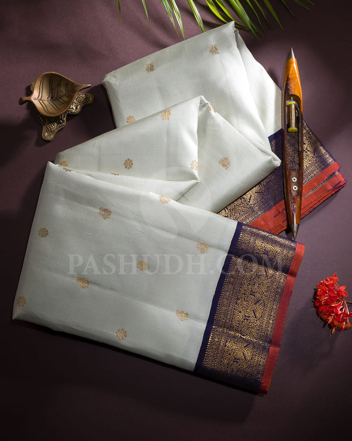 Light Pista Green With Navy Blue Pure Zari Kanjivaram Silk Saree-SP257