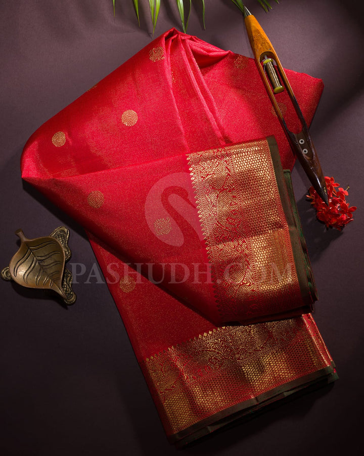 Sunset Red With Bottle Green Pure Zari Kanjivaram Silk Saree-SP244