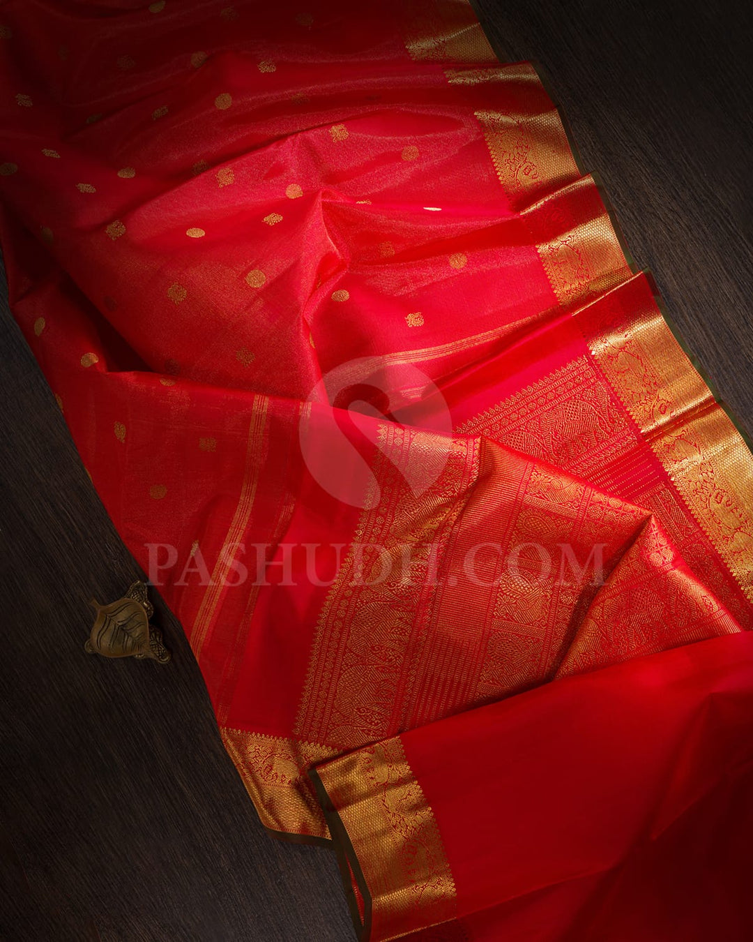 Sunset Red With Bottle Green Pure Zari Kanjivaram Silk Saree-SP244