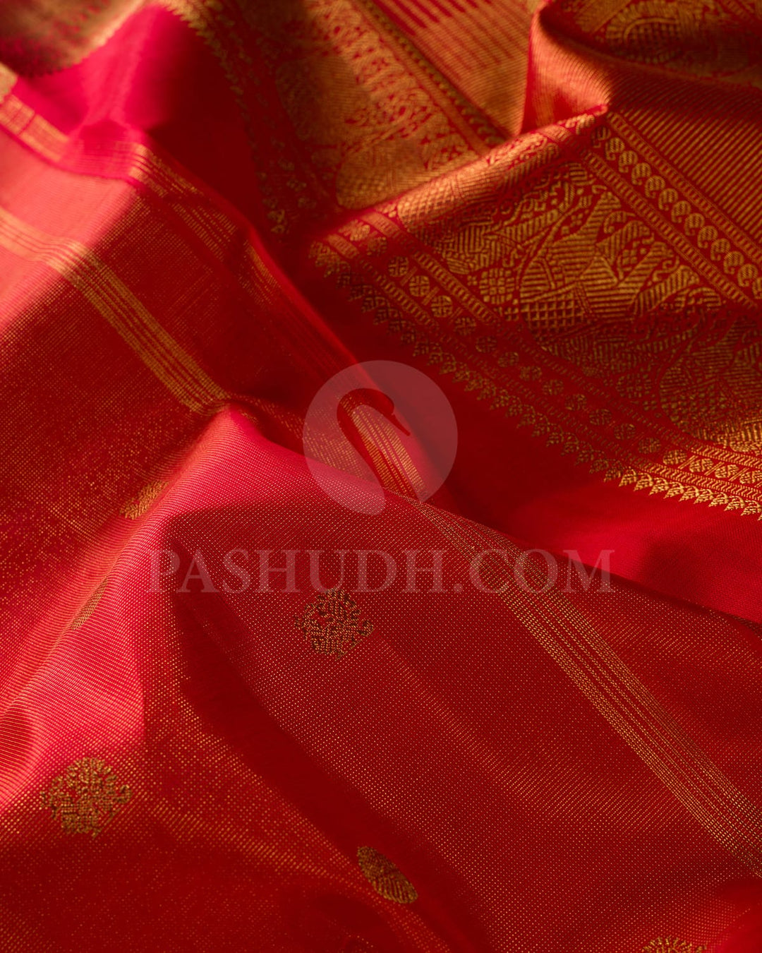 Sunset Red With Bottle Green Pure Zari Kanjivaram Silk Saree-SP244
