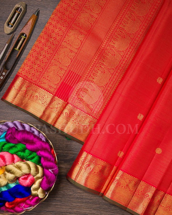 Sunset Red With Bottle Green Pure Zari Kanjivaram Silk Saree-SP244