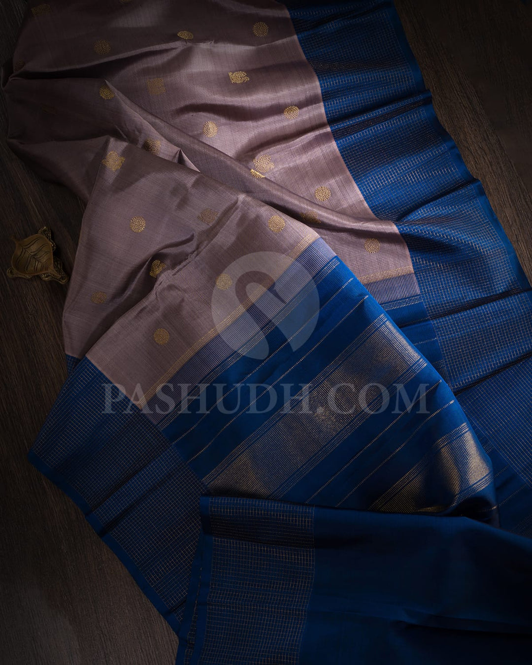 Peach Shot Khaki And Cobalt Blue Pure Zari Kanjivaram Silk Saree-SP253