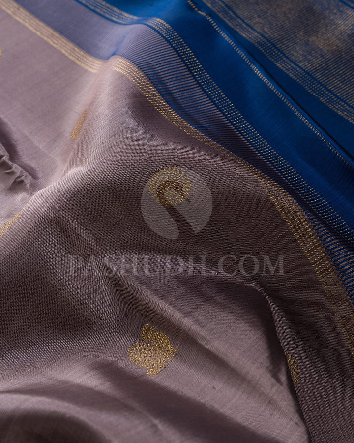 Peach Shot Khaki And Cobalt Blue Pure Zari Kanjivaram Silk Saree-SP253