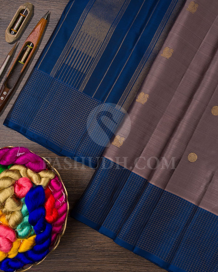 Peach Shot Khaki And Cobalt Blue Pure Zari Kanjivaram Silk Saree-SP253