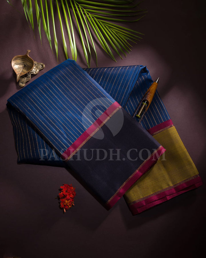 Deep Cobalt Blue With Maroon And Black Pure Zari Kanjivaram Silk Saree-SP252