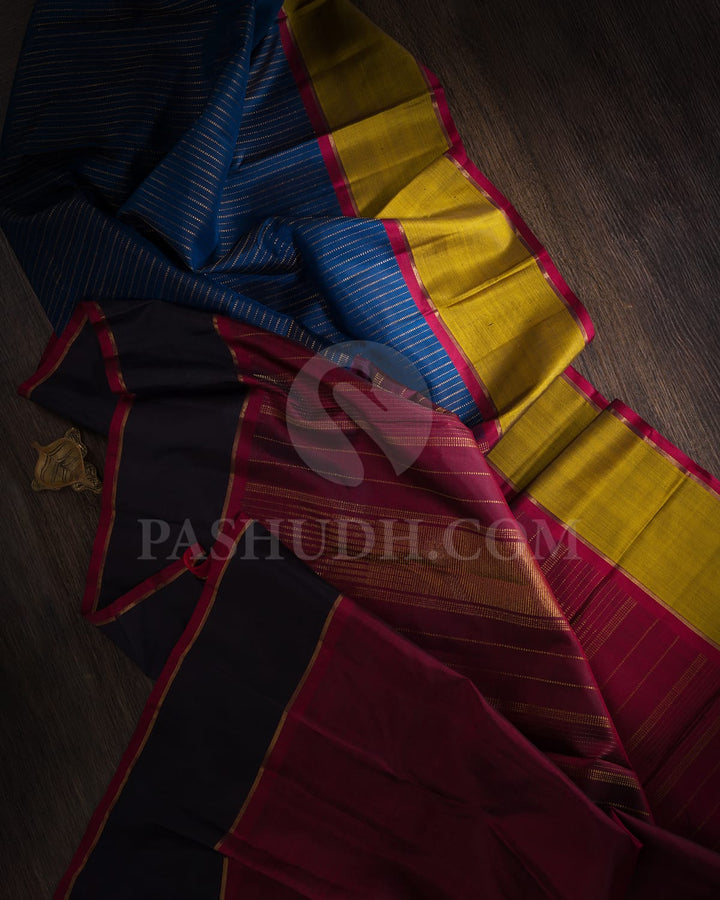 Deep Cobalt Blue With Maroon And Black Pure Zari Kanjivaram Silk Saree-SP252