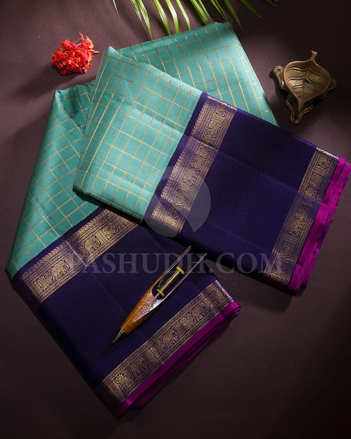 Pastel Teal With Aubergine Pure Zari Kanjivaram Silk Saree-SP265
