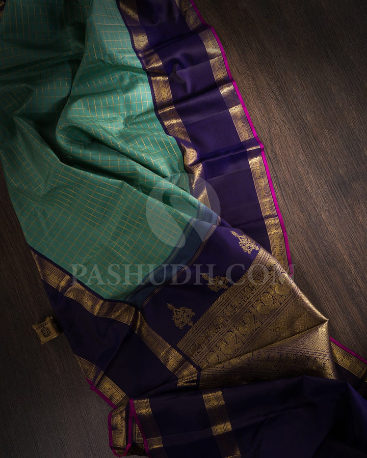 Pastel Teal With Aubergine Pure Zari Kanjivaram Silk Saree-SP265