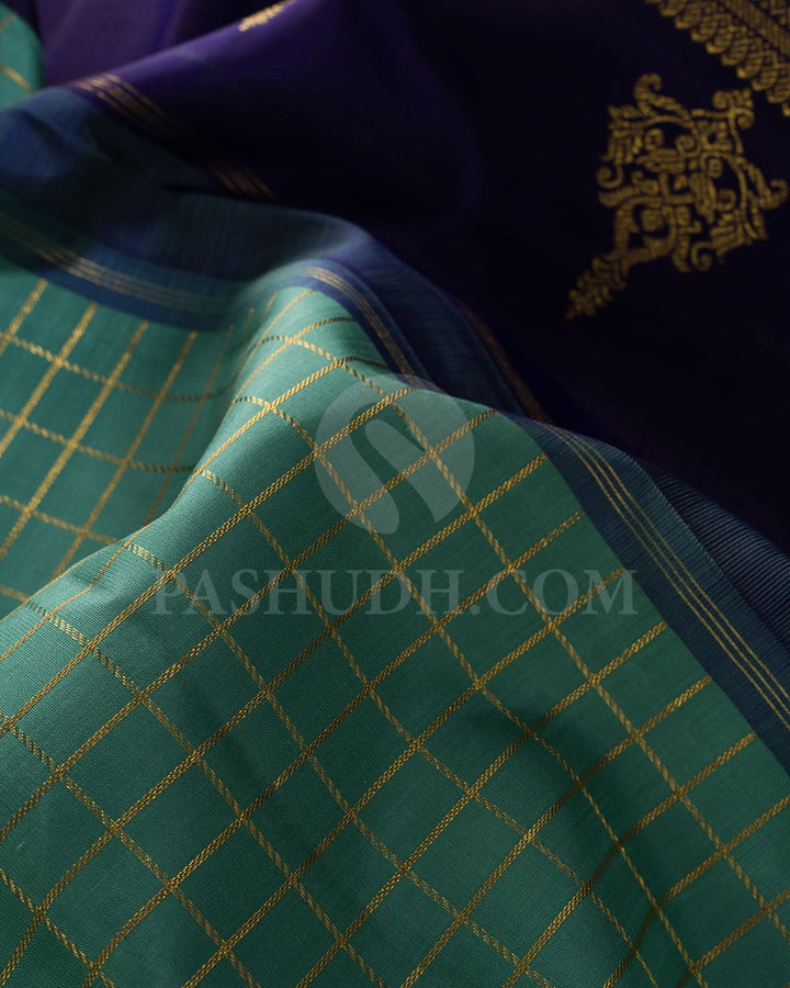 Pastel Teal With Aubergine Pure Zari Kanjivaram Silk Saree-SP265