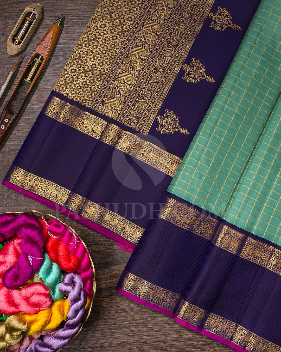 Pastel Teal With Aubergine Pure Zari Kanjivaram Silk Saree-SP265