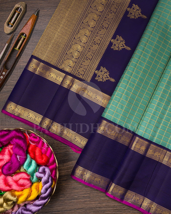 Pastel Teal With Aubergine Pure Zari Kanjivaram Silk Saree-SP265
