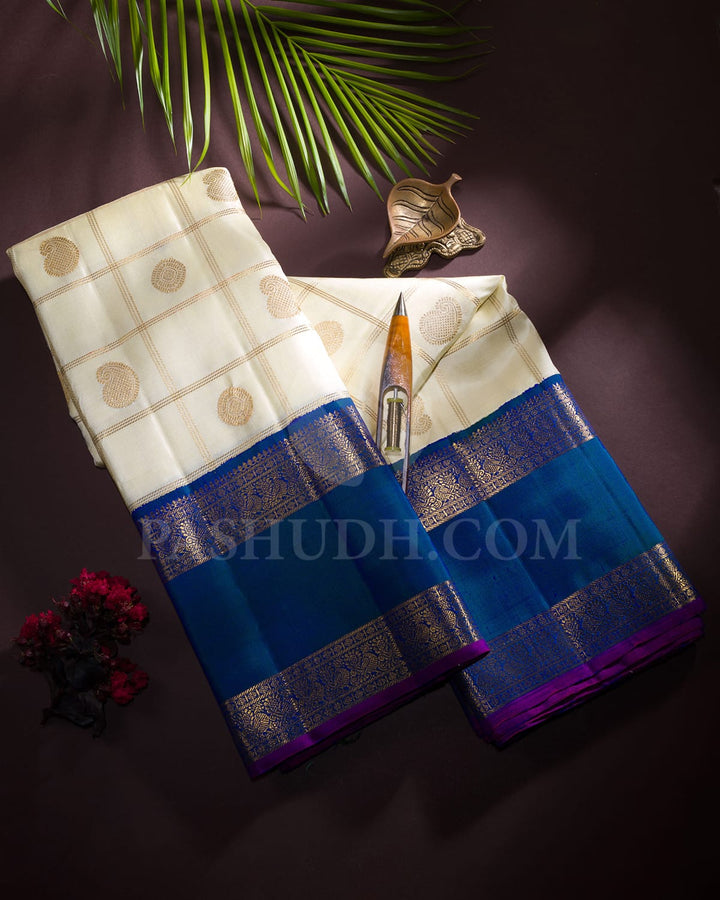 Half White And Peacock Blue Pure Zari Kanjivaram Silk Saree-SP258
