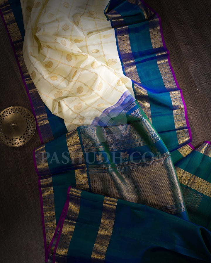 Half White And Peacock Blue Pure Zari Kanjivaram Silk Saree-SP258