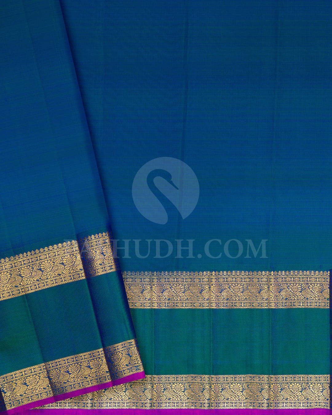 Half White And Peacock Blue Pure Zari Kanjivaram Silk Saree-SP258