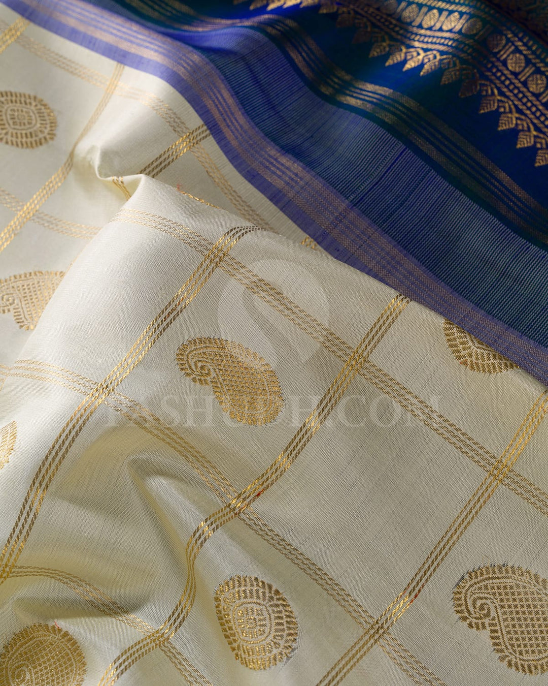 Half White And Peacock Blue Pure Zari Kanjivaram Silk Saree-SP258