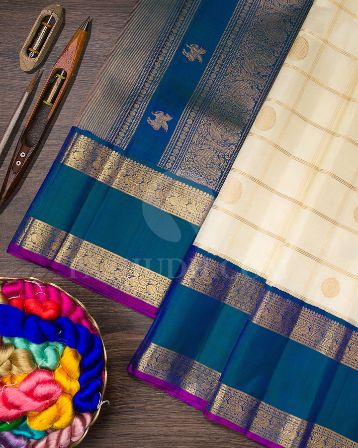 Half White And Peacock Blue Pure Zari Kanjivaram Silk Saree-SP258