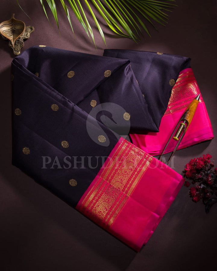 Black With Rani Pink Pure Zari Kanjivaram Silk Saree-SP278