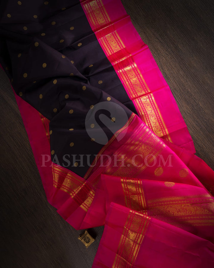 Black With Rani Pink Pure Zari Kanjivaram Silk Saree-SP278