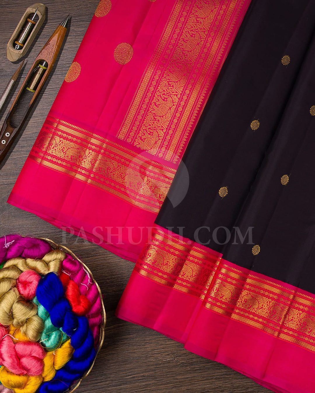Black With Rani Pink Pure Zari Kanjivaram Silk Saree-SP278