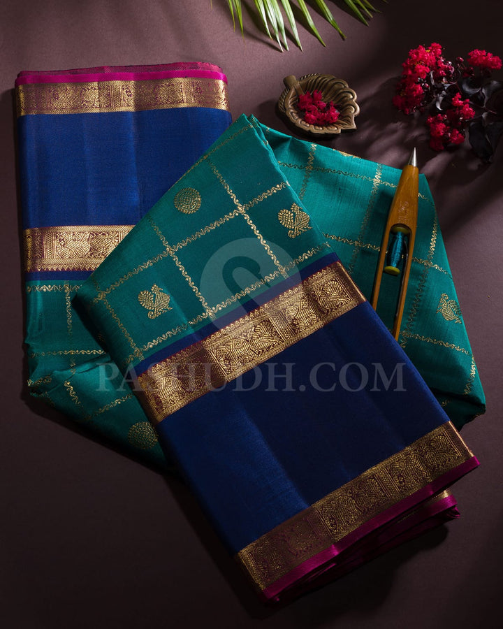 Emerald Green With Dark Blue Pure Zari Kanjivaram Silk Saree-SP248