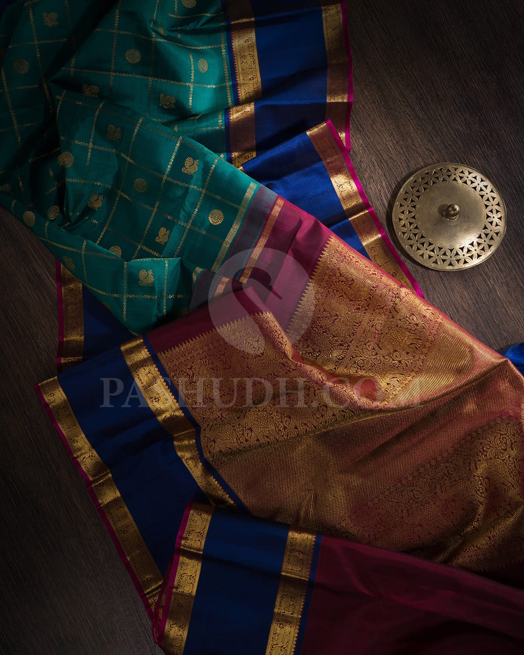 Emerald Green With Dark Blue Pure Zari Kanjivaram Silk Saree-SP248