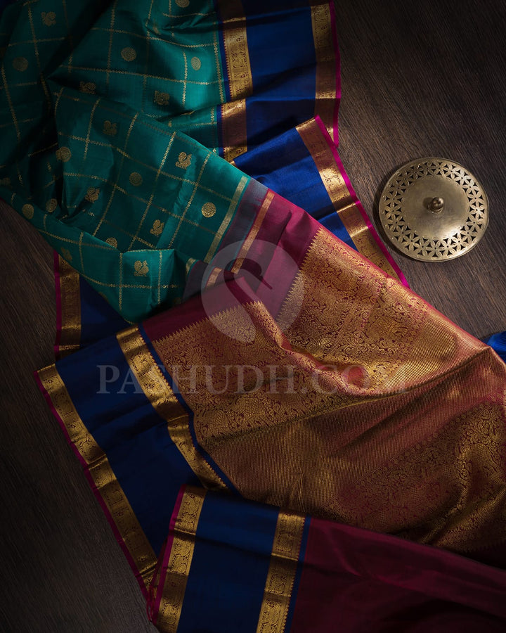 Emerald Green With Dark Blue Pure Zari Kanjivaram Silk Saree-SP248