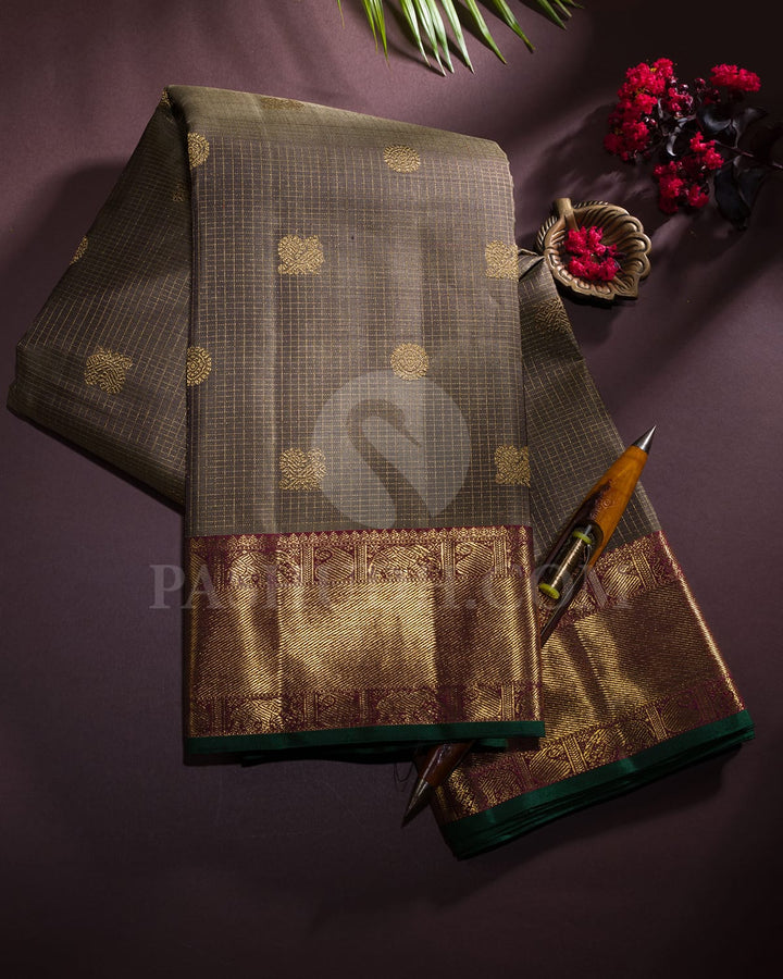 Sage Green With Maroon Pure Zari Kanjivaram Silk Saree-SP249