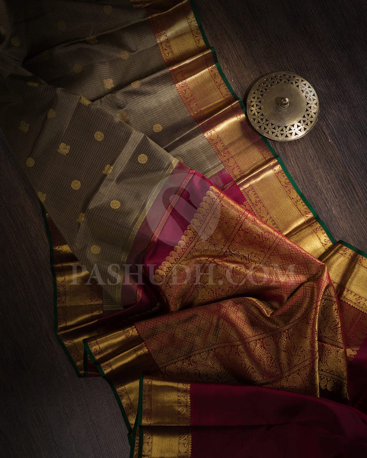 Sage Green With Maroon Pure Zari Kanjivaram Silk Saree-SP249