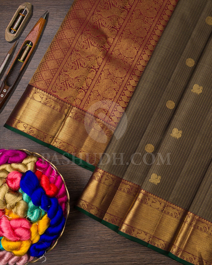 Sage Green With Maroon Pure Zari Kanjivaram Silk Saree-SP249