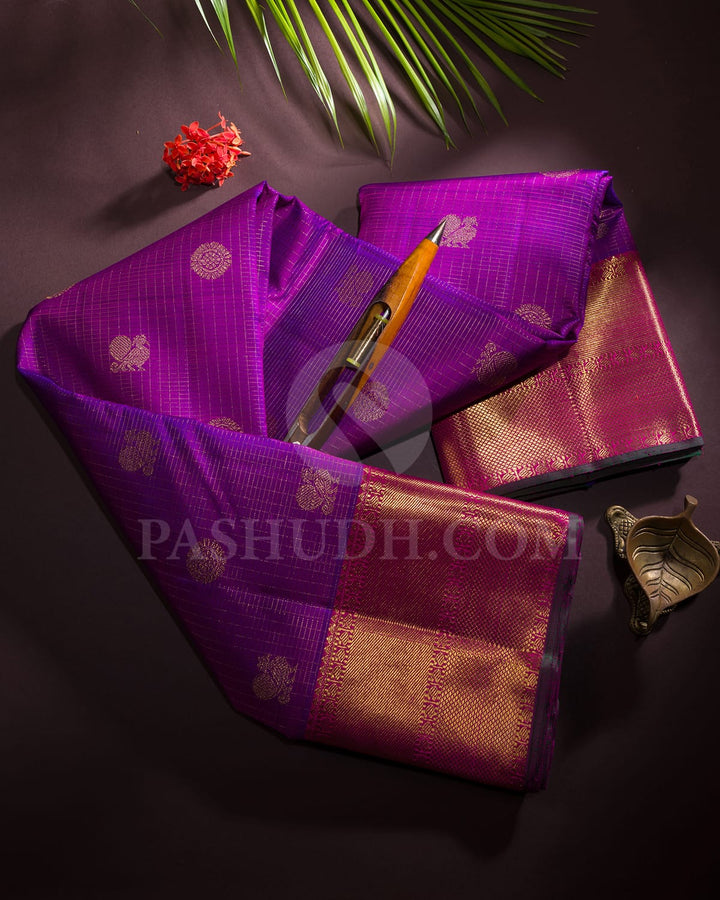 Violet And Raspberry Pink Pure Zari Kanjivaram Silk Saree-SP276