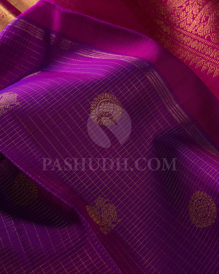 Violet And Raspberry Pink Pure Zari Kanjivaram Silk Saree-SP276