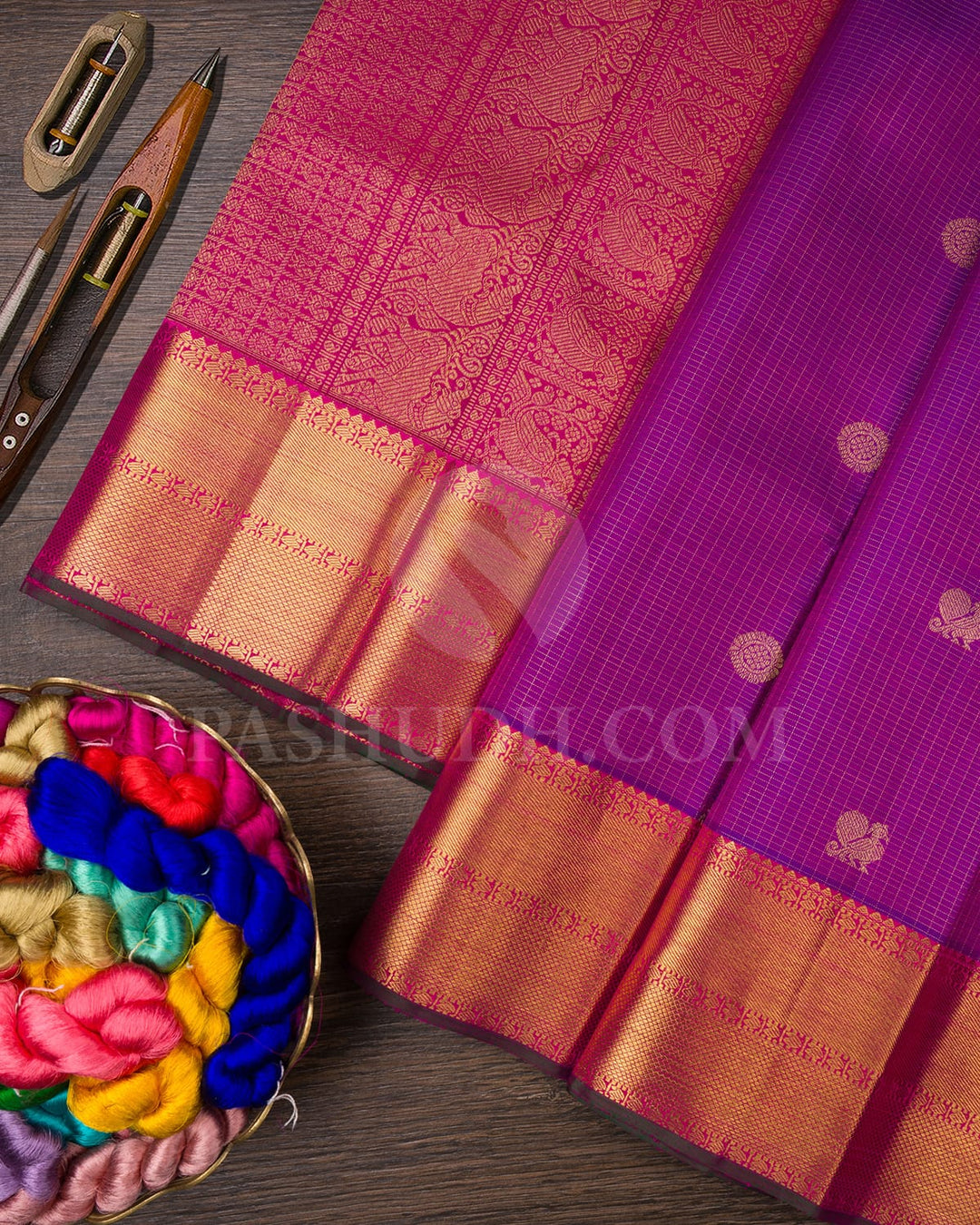 Violet And Raspberry Pink Pure Zari Kanjivaram Silk Saree-SP276