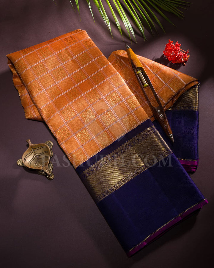 Peachy Orange With Navy Blue Pure Zari Kanjivaram Silk Saree-SP267