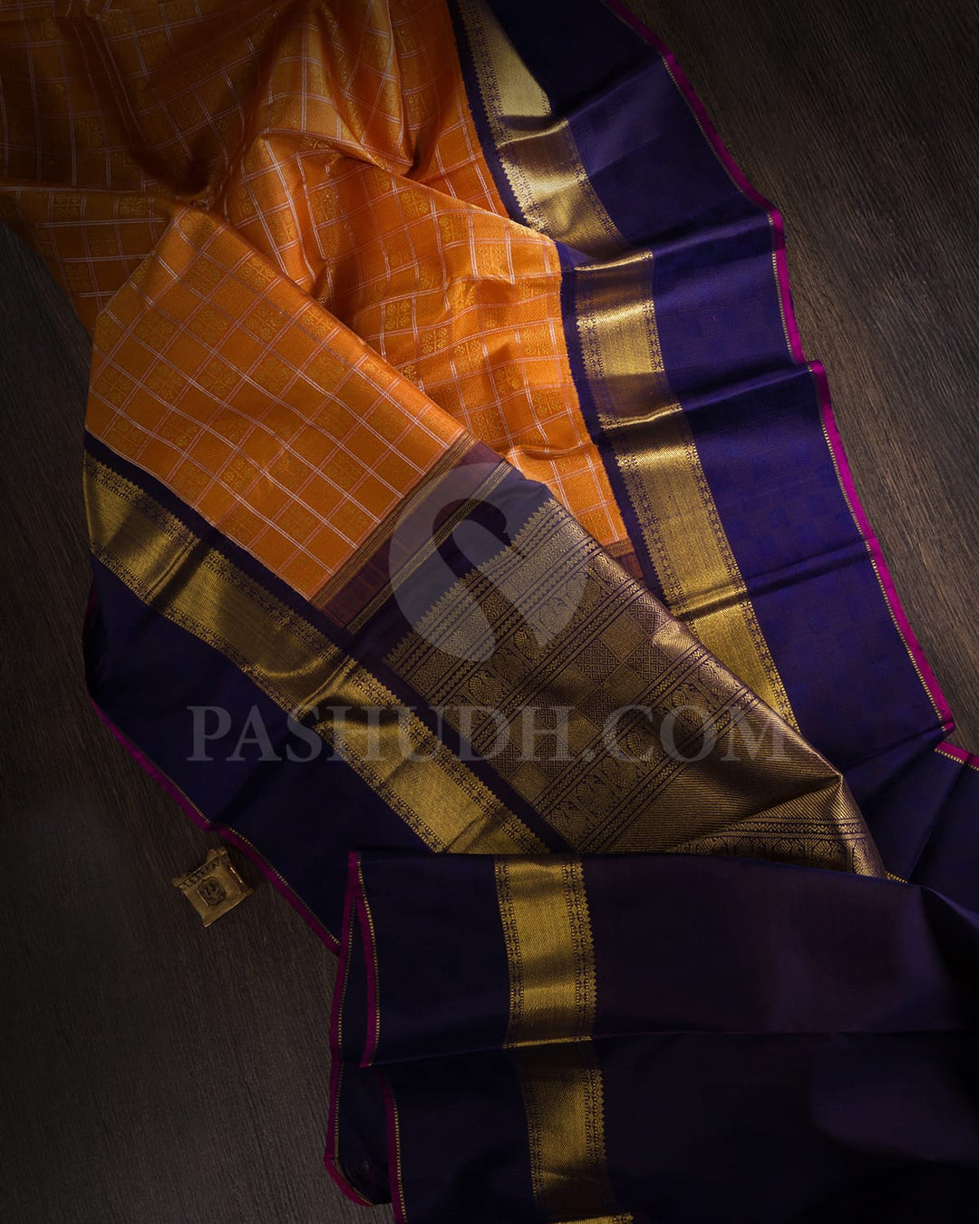 Peachy Orange With Navy Blue Pure Zari Kanjivaram Silk Saree-SP267