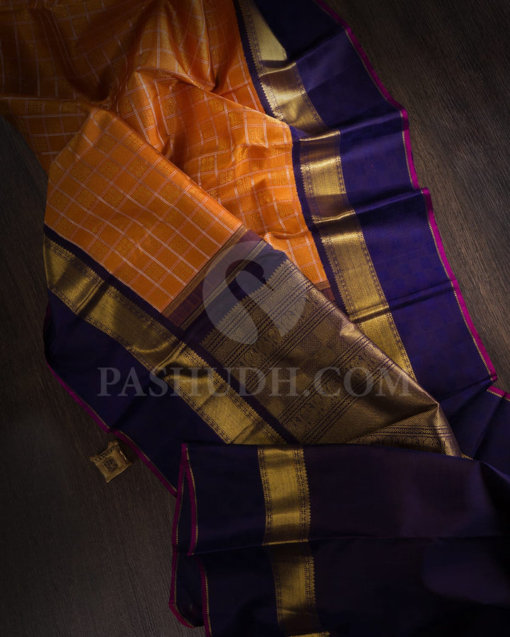 Peachy Orange With Navy Blue Pure Zari Kanjivaram Silk Saree-SP267