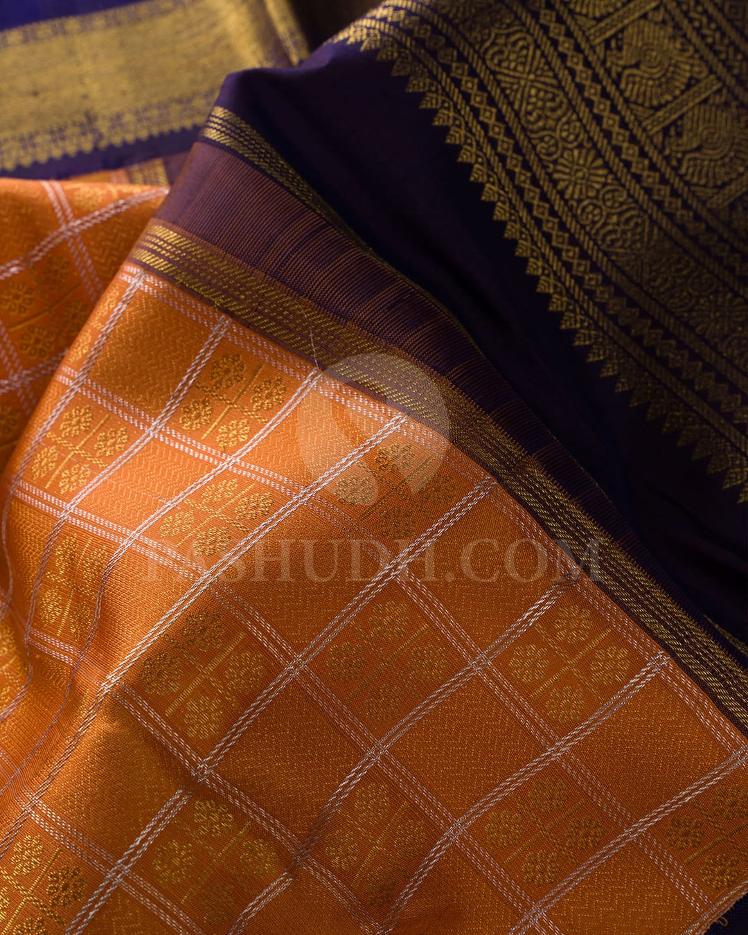 Peachy Orange With Navy Blue Pure Zari Kanjivaram Silk Saree-SP267
