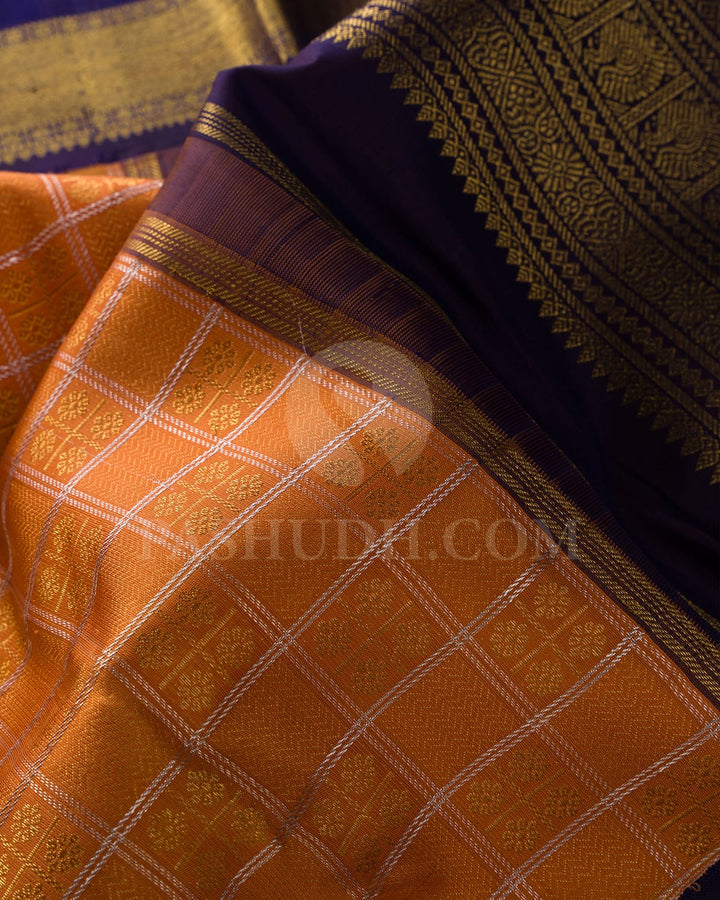 Peachy Orange With Navy Blue Pure Zari Kanjivaram Silk Saree-SP267