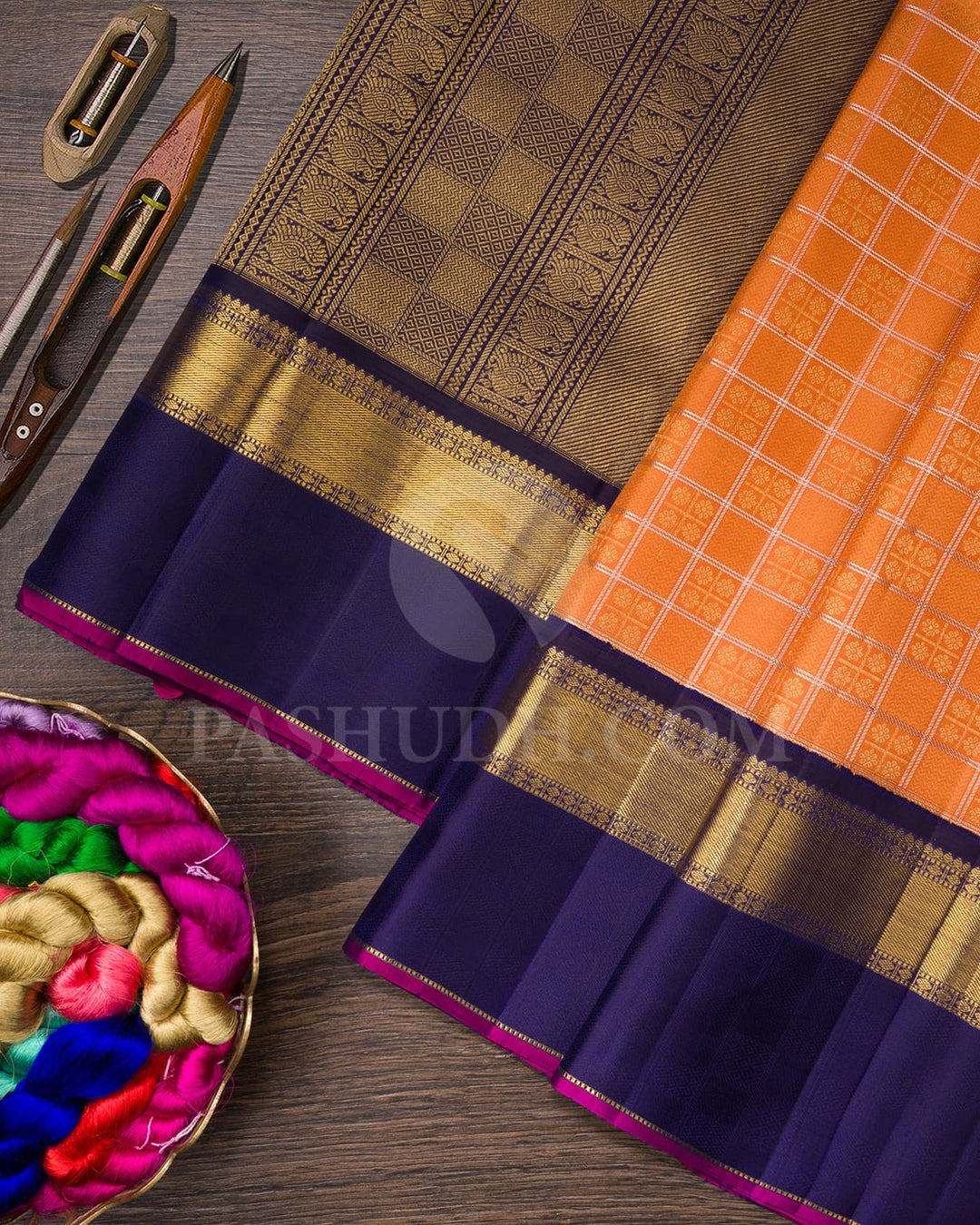 Peachy Orange With Navy Blue Pure Zari Kanjivaram Silk Saree-SP267