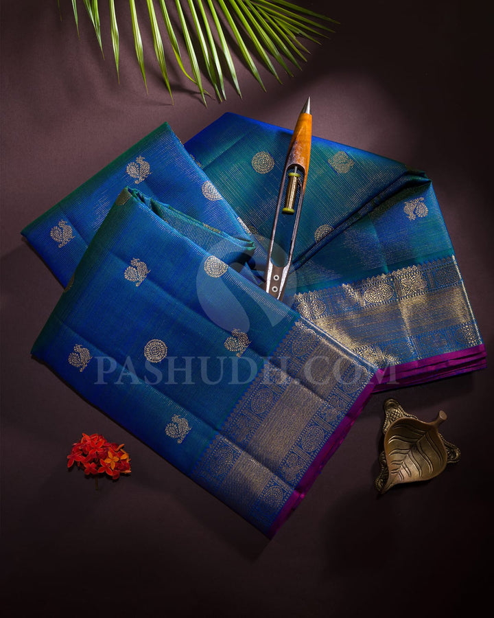 Dual Shaded Peacock Blue Kanjivaram Silk Saree-SP238