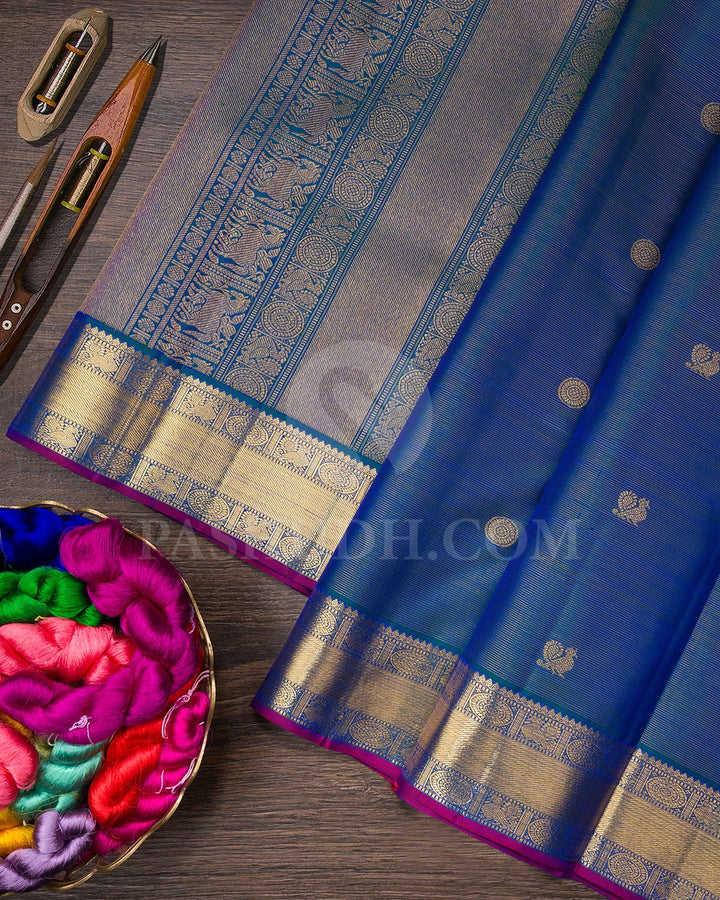 Dual Shaded Peacock Blue Kanjivaram Silk Saree-SP238