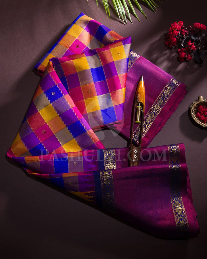 Paalum Pazhamum Checks With Navy Blue Pure Zari Kanjivaram Silk Saree-SP288