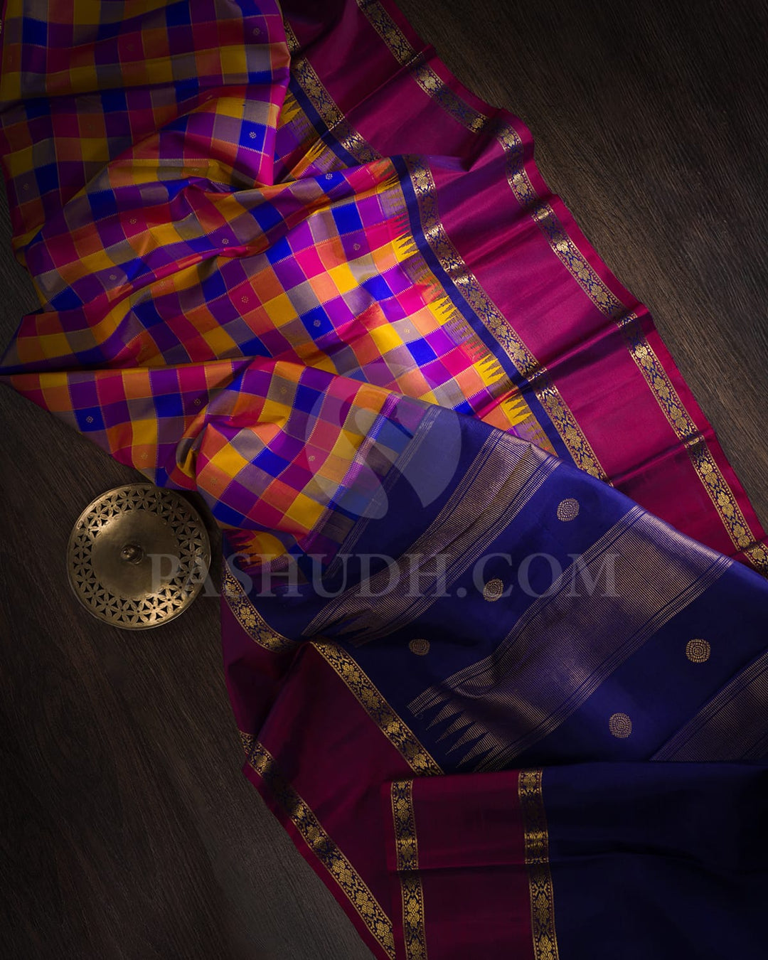 Paalum Pazhamum Checks With Navy Blue Pure Zari Kanjivaram Silk Saree-SP288