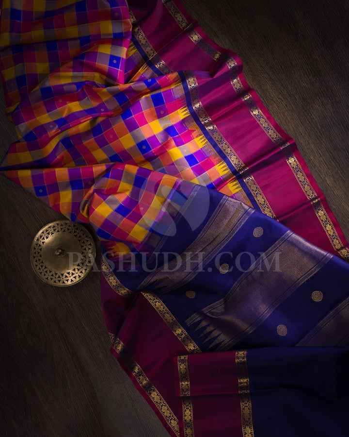Paalum Pazhamum Checks With Navy Blue Pure Zari Kanjivaram Silk Saree-SP288