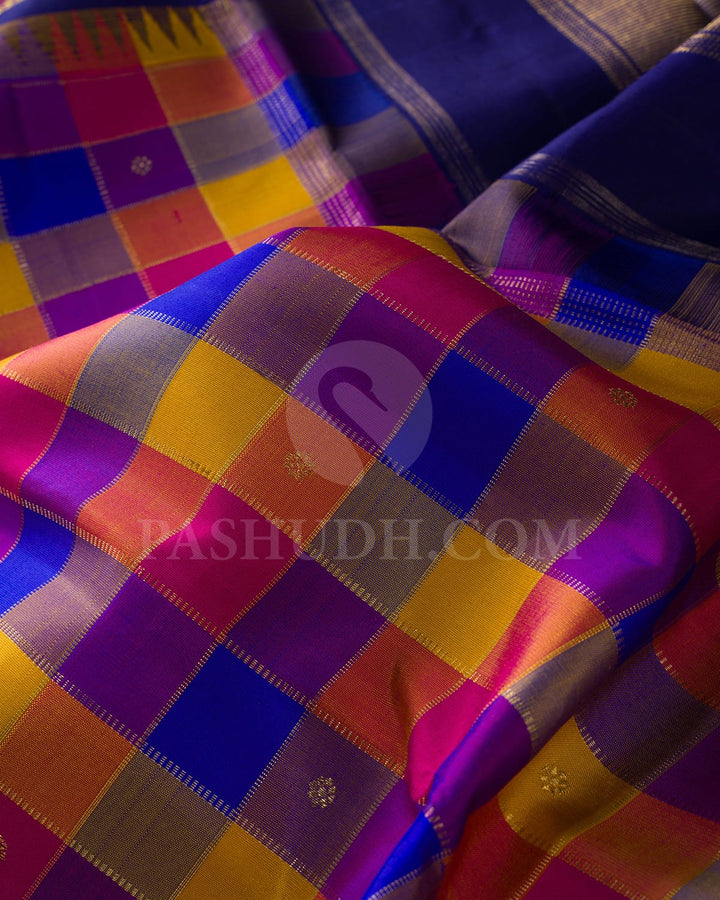 Paalum Pazhamum Checks With Navy Blue Pure Zari Kanjivaram Silk Saree-SP288